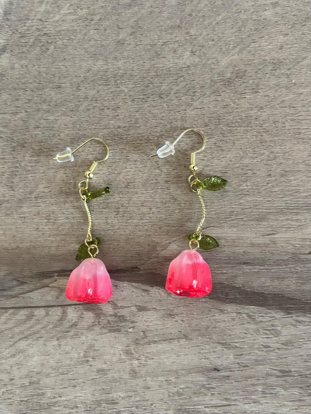 Pink Flower Drop Earrings with Green Leaf Accents